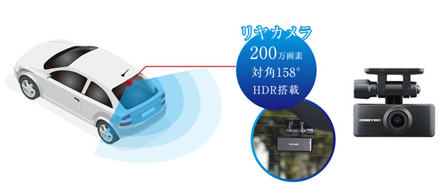 コムテックドライブレコーダーHDR362GWのリアカメラの範囲 